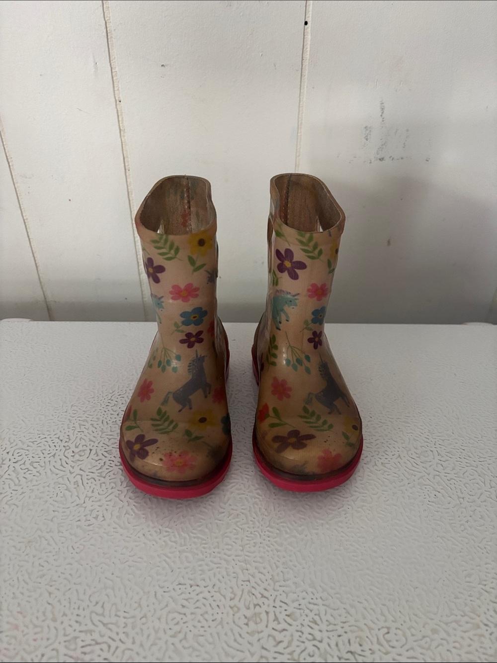 Kids Floral Unicorn Rain Boots in Beige and Pink